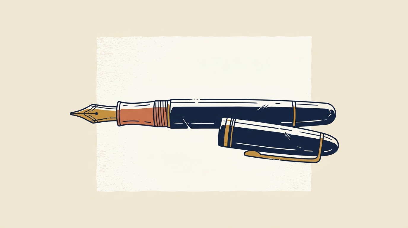 An uncapped, well-worn fountain pen with a gold nib rests on a textured, blank sheet of paper.
