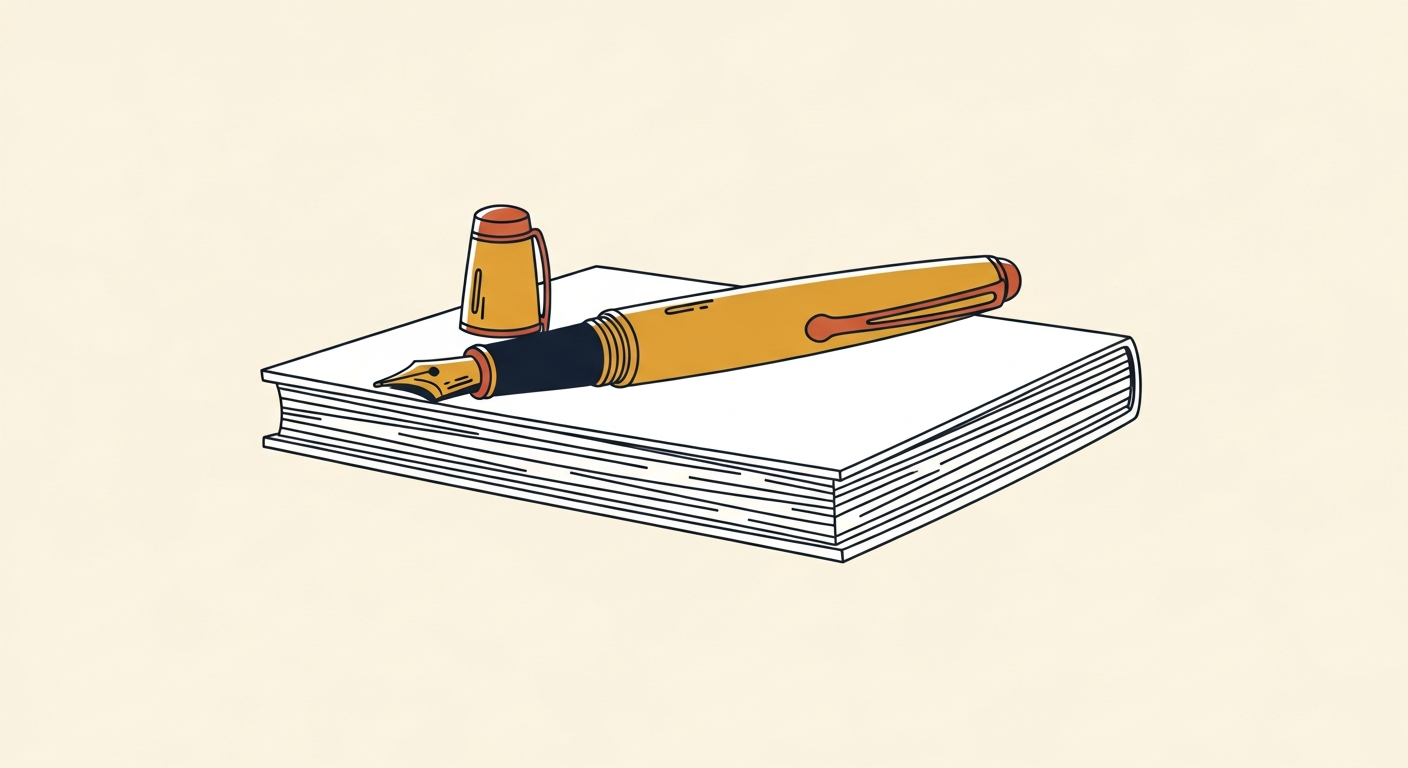 A well-worn fountain pen with a gold nib rests uncapped on a stack of crisp blank pages.
