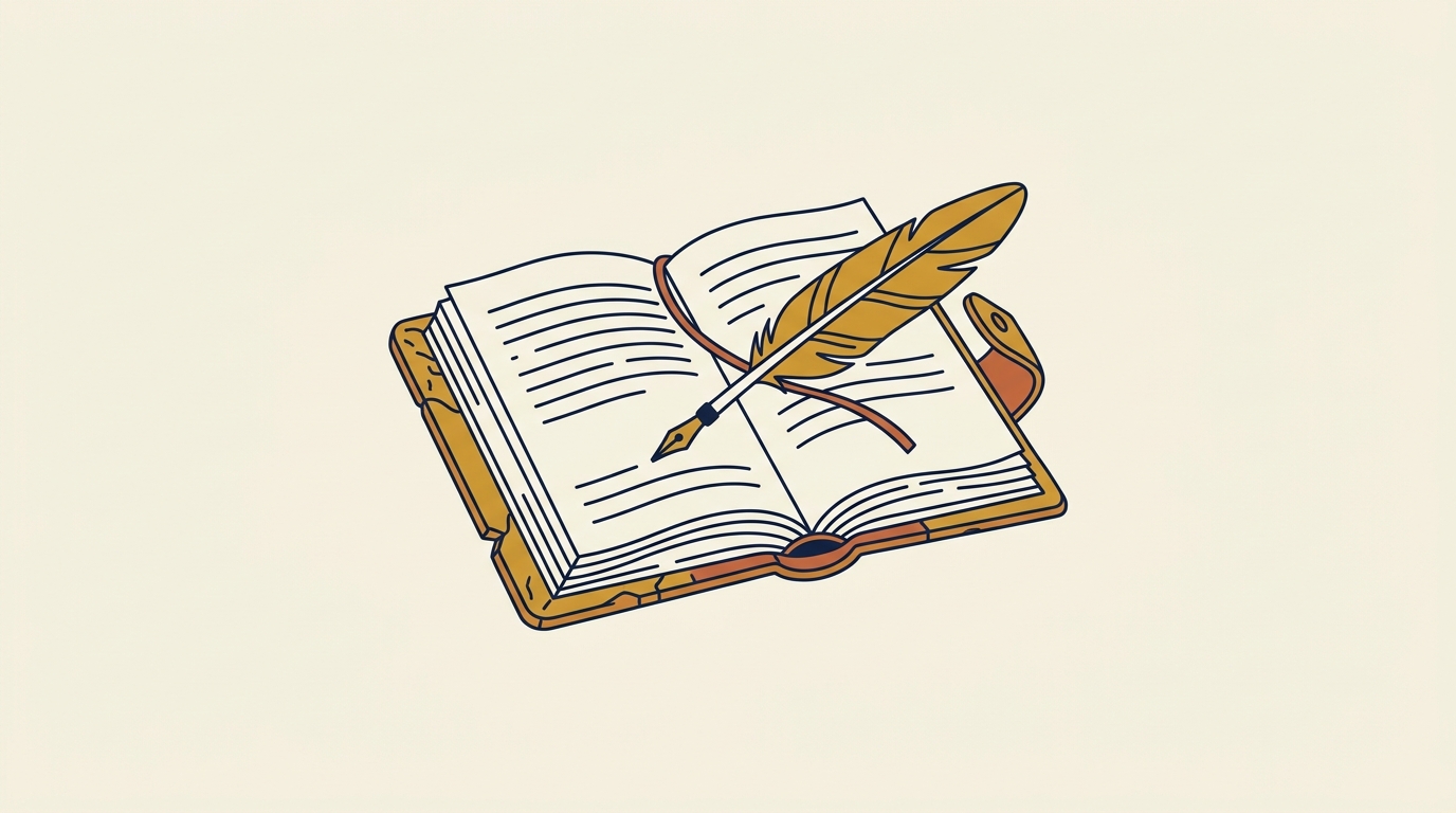 A single, well-worn, leather-bound journal lies open with a quill pen resting on its pages.