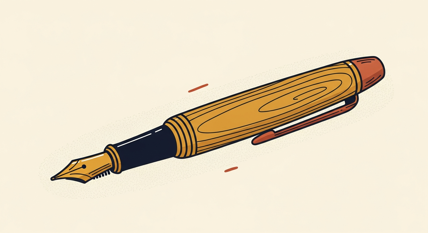 A vintage fountain pen with a dark wood barrel and gold nib rests on cream-colored linen paper.
