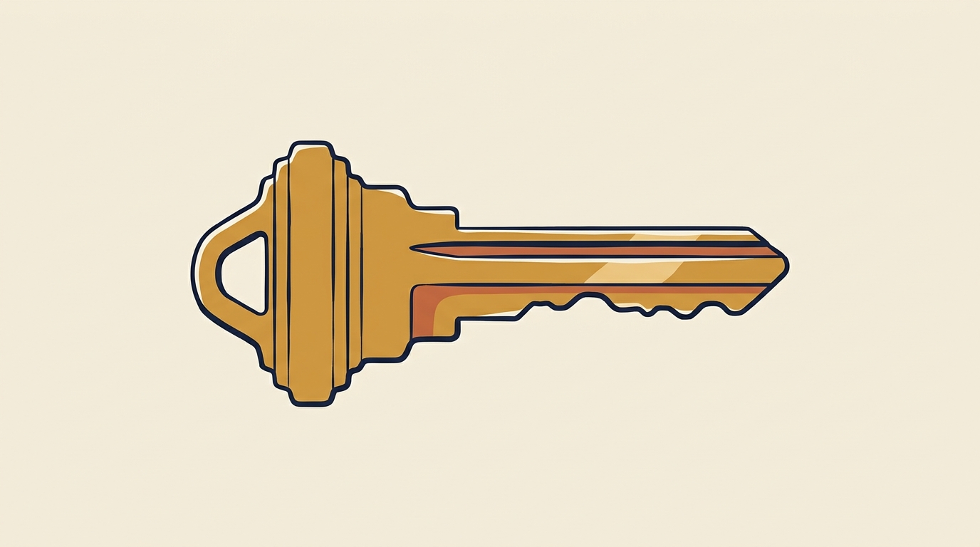 A single, gleaming brass key, its teeth worn smooth from repeated use, rests on a flat surface.