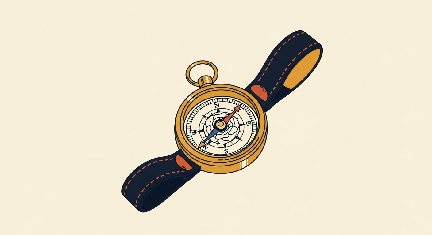 A polished brass compass with a finely etched rose and a worn leather strap rests on a surface.