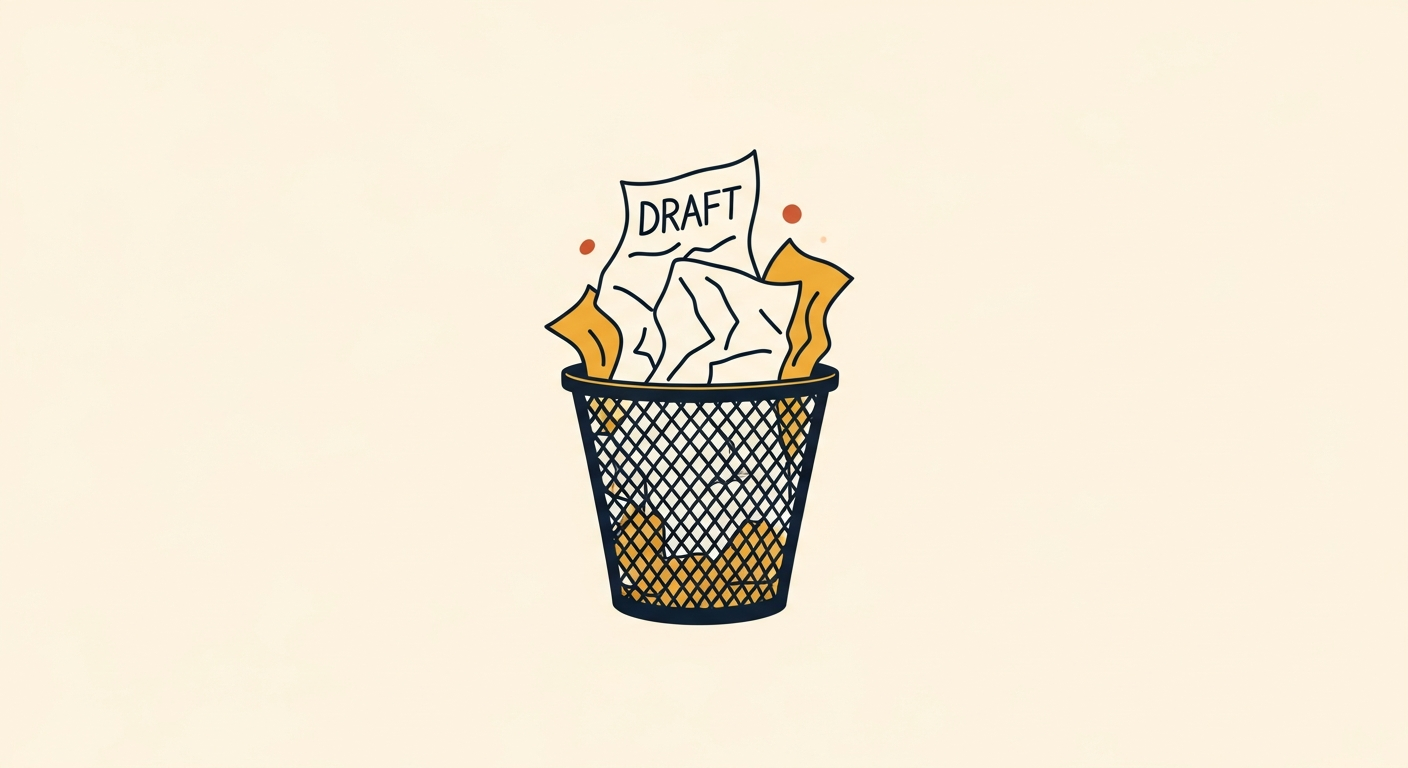 A crumpled, discarded draft page overflows a small wastebasket, its contents spilling onto the floor.